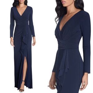 NWT Betsy & Adam A24450 Long Sleeve Surplice V-Neck Front Slit Side Ruched Gown